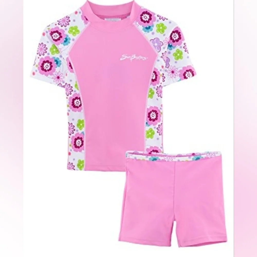 SunBusters Girls UPF50+ 2-Piece Fitted Rash Swim Set Pink Floral NWT